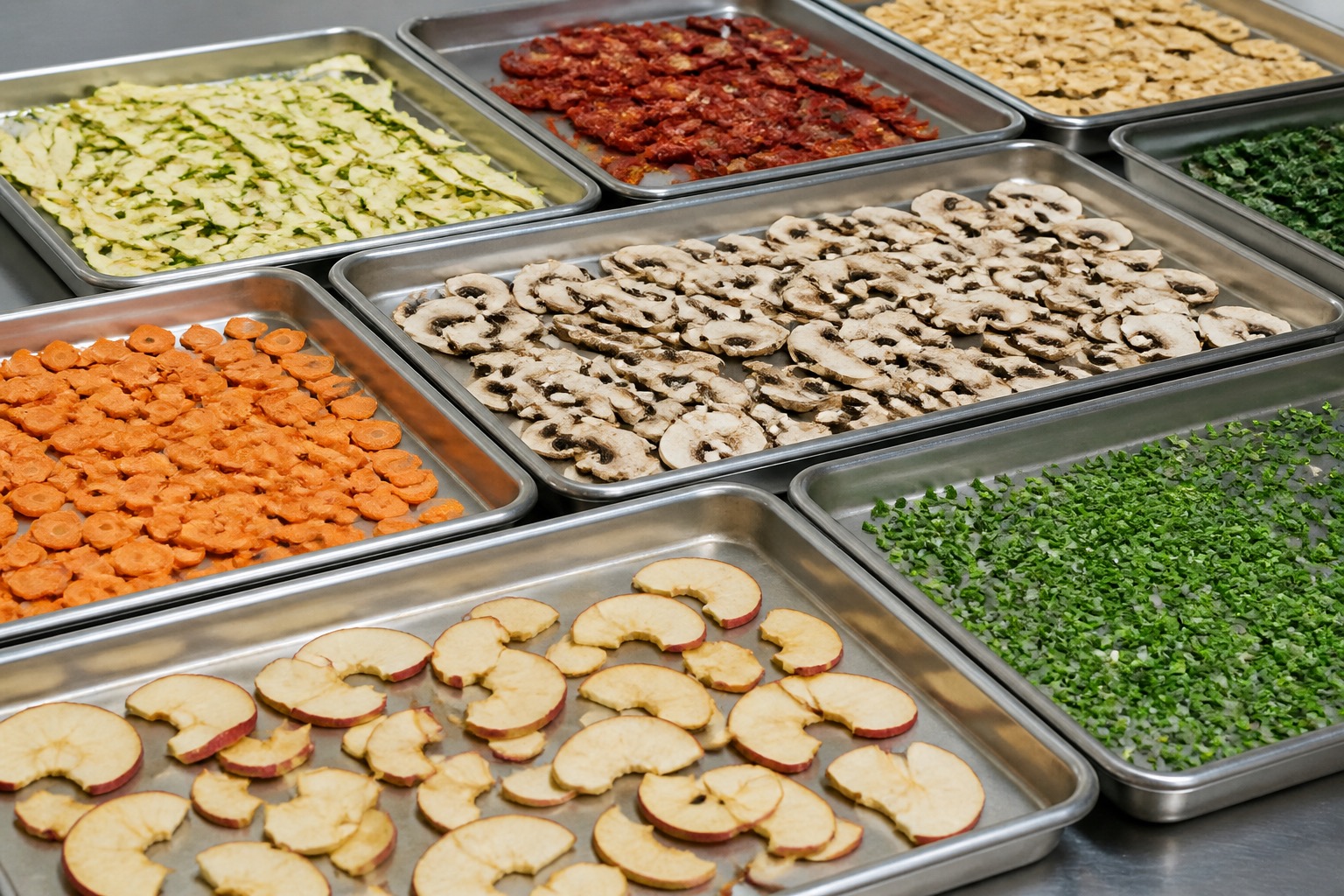 Food drying materials arranged on industrial trays